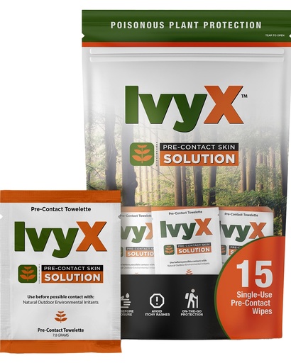 [BRSRAC3ROZ6QI2TH] CoreTex Ivy X Pre-Contact Poison Ivy Wipes with Resealable Travel Bag - Pack of 15 Single-Use Barrier Wipes - Also Works on Poison Oak & Sumac Oils - Quick Dry & Chalk-Free Formula
