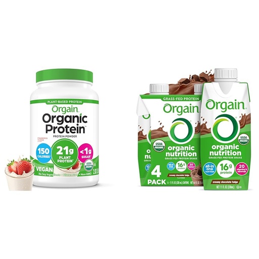 [BRSRGFALCUHGCF3D] Orgain Organic Vegan Protein Powder, Strawberries & Cream - 21g Plant Based Protein, 2.03 lb Organic Nutritional Shake, Creamy Chocolate Fudge 11 Fl Oz (Pack of 4) Bundle
