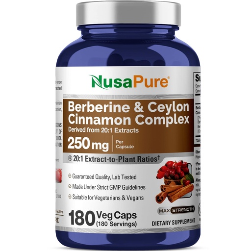 [BRSROBA2AEFR4ALA] NusaPure Berberine with Ceylon Cinnamon Capsules, 250 mg, 180 Veg Capsules (Non-GMO, Vegan)