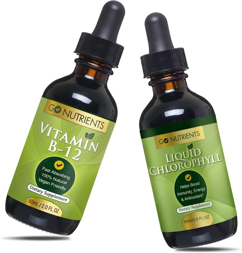 [BRSRMBQHBAIWE2QV] Go Nutrients Vitamin B12 2 oz & Liquid Chlorophyll 60 ml GMO Free, Vegan Friendly, Gluten Free, Soy Free, Liquid Chlorophyll Vegan Friendly B12 Sublingual Supplement with 3000 mcg Methylcobalamin