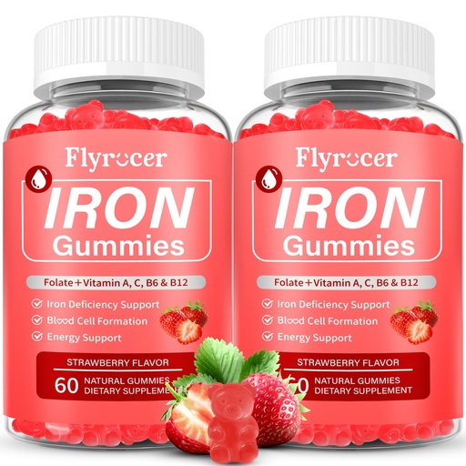[BRSRAAIZCADWMFDK] 2 Pack Iron Gummies for Men and Women, Energize, Combat Fatigue, Support Anemia Recovery. Packed with Iron, Folate, Vitamin C, in Vegan Strawberry Flavor, 120 Gummies