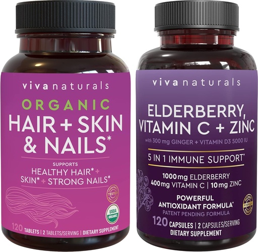 [BRSRMZA7C56RQF3Z] Organic Hair Skin and Nails + Elderberry, Vitamin C & Zinc Bundle, Made with Biotin 5000mcg for Healthy Hair, Elderberry for Antioxidant & Immune Support