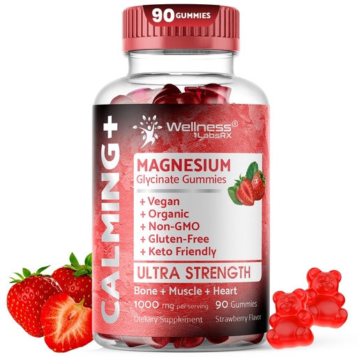 [BRSRMAAQCENR6CA2] Magnesium Glycinate Gummies, 1000 mg - Magnesium Supplement to Support Relaxation, Heart Health - Chewable Calm Magnesio Gummies for Adults, Glicinato De Magnesio - Strawberry Flavor