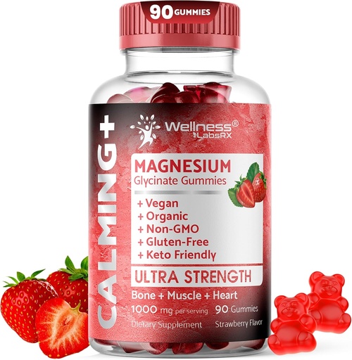 [BRSRMAAQCENR6CA2] Magnesium Glycinate Gummies, 1000 mg - Magnesium Supplement to Support Relaxation, Heart Health - Chewable Calm Magnesio Gummies for Adults, Glicinato De Magnesio - Strawberry Flavor
