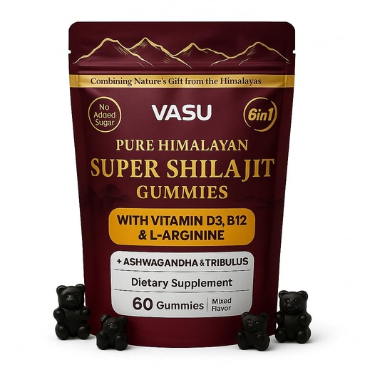 [BRSREFATCBYBO3D5] Vasu 6 in 1 Himalayan Shilajit Gummies for Men & Women with Vitamin D3 & B12, L-Arginine, Ashwagandha & Tribulus - Sugar Free Shilajit Resin - 60 Counts for Energy Support - Lab Tested