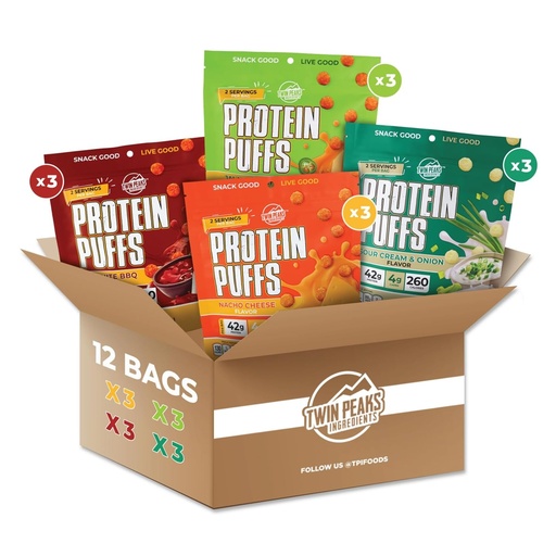 [BRSRMEIRAQIBE23J] Twin Peaks Low Carb, Keto Friendly Protein Puffs, 2 Serving 12 Pack, (60g, 42g Protein, 4g Carbs)