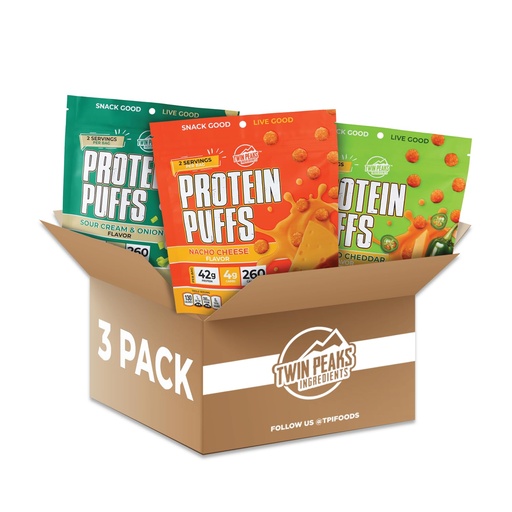 [BRSWGCQCCQCA2A35] Twin Peaks Low Carb, Keto Friendly Protein Puffs, (Combo Pack, 2.1 Ounce), 2 Servings, 3 Pack (60g, 42g Protein, 4g Carbs)