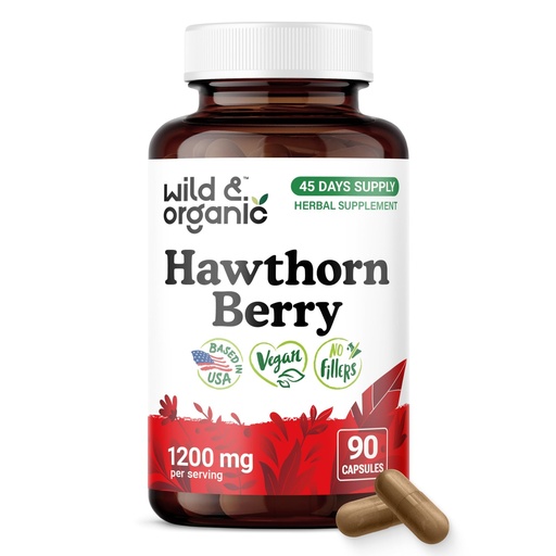 [BRSRAHA3BF4AIELD] Wild & Organic Hawthorn Berry Capsules 1200 mg - Overall Support - Hawthorne Berry Supplement - Crataegus Monogyna Fruit Powder - 45 Days of Supply - Vegan, No Fillers, Non-GMO - 90 Count