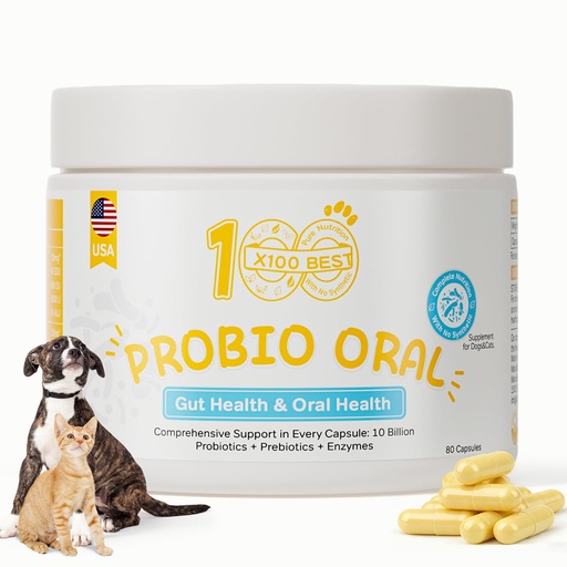[BRSRGBT4DIDQY2T2] Oral Probiotics for Dogs, 11 Strains, Bad Breath Support | 80 capsules, 4 digestive enzymes and prebiotics; fresh breath, oral microbiome, teeth, gum and gut support for dogs and cats