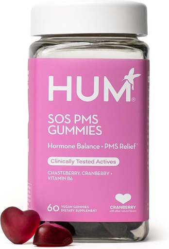 [BRSROZQROIDQG3LA] HUM Elikadura SOS PMS Gummies, PMS laguntza gehigarria emakumeentzat, laguntza-zikloaren sintomak, Bloating, Hormonal Balance, B6 bitamina, Cranberry eta Chasteberry Vitex, Gluten Free, 60 Vegan Gummies barne