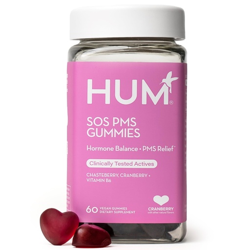 [BRSROZQROIDQG3LA] HUM Nutrition SOS PMS Gummies, PMS Support Supplement for Women, Support Cycle Symptoms, Bloating, Hormonal Balance, Includes Vitamin B6, Cranberry & Chasteberry Vitex, Gluten Free, 60 Vegan Gummies
