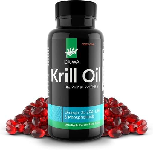 [BRSWGC32OB6BEEIU] Daiwa Krill Oil 1000mg Softgels - EPA DHA Omega 3 Antarctic Krill Oil Supplement with Astaxanthin - Natural Solution for Joint, Brain Support and Heart Health - 60/ct