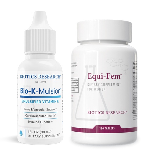 [BRSREALRCMPBEYLV] BIOTICS RESEARCH Bio K Mulsion™ & Equi-Fem™ – Liquid Vitamin K1 for Bone, Heart & Blood Clotting Support + Women’s Multivitamin for Hormonal Balance, PMS Relief & Digestive Health - 1fl oz + 126 tabs