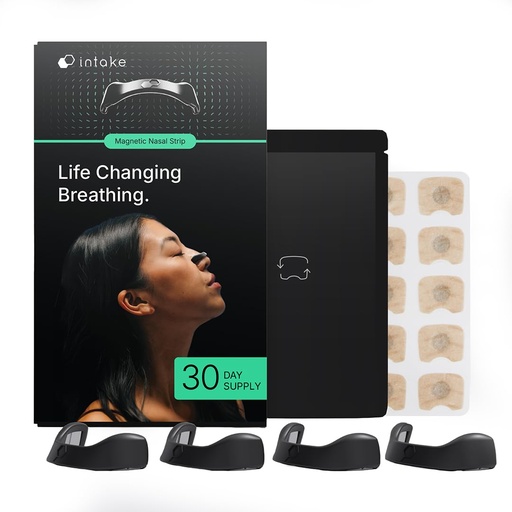 [BRSROY34CICAOELF] Intake Breathing — Magnetic Nasal Strips Starter Kit | Reusable Band + Tabs | Nasal Strips for Sleep, Snoring, Breathing & Sports | Stronger Lift Than Traditional Nose Strips | 4 Sizes, 30 Tabs, Black