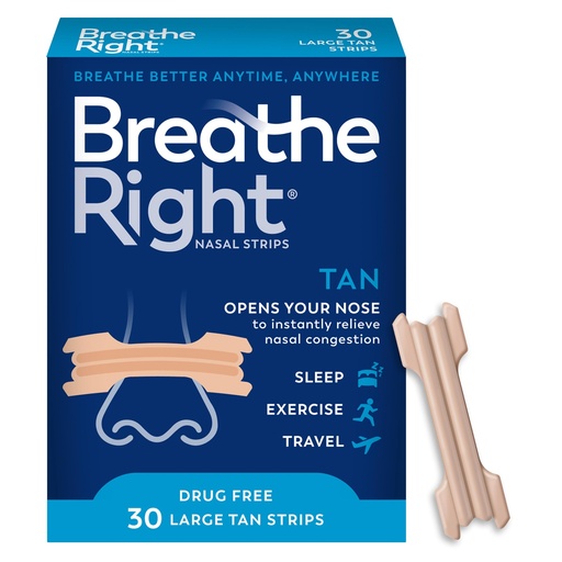 [BRSWIYAOCZ6A2GT4] Breathe Right Nasal Strips, Extra Strength Tan Nose Strips, Drug-Free Nasal Congestion Relief for Better Breathing, Help Relieve Snoring, Caused by Colds & Allergies, Deviated Septum, 30ct