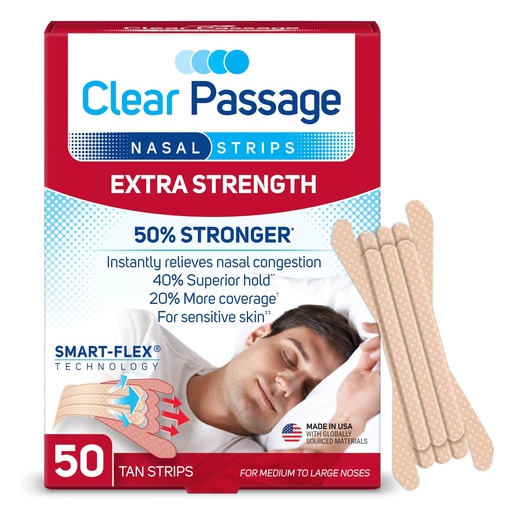 [BRSWGZYDBAFQEGTX] Clear Passage Nasal Strips Extra Strength, Tan, 50 Count | Works Instantly to Improve Sleep, Reduce Snoring, & Relieve Nasal Congestion Due to Colds & Allergies