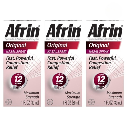 [BRSWIFQNDEFREF3G] Afrin Original Maximum Strength 12 Hour Nasal Congestion Relief Spray - 3 bottles, 1 FL OZ (30mL) each. Total 3 FL OZ (90 mL)