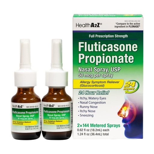 [BRSRAAA6A55GYDY4] HealthA2Z® Fluticasone Propionate Nasal Spray | 50 mcg per Spray | 24 Hour Allergy Relief | 144 Sprays | 0.62 fl oz. (18.2mL) (0.62 fl oz. (Pack of 2))