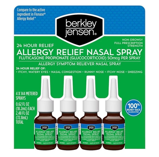 [BRSRAHT4AUORYCLZ] berkley jensen 24-Hour Allergy Relief Nasal Spray, Fluticasone Propionate (Glucocorticoid), 50 mcg, Full Prescription Strength, Non-Drowsy, 4 Bottles x 144 Metered Sprays, 0.62 Fl OZ per Bottle