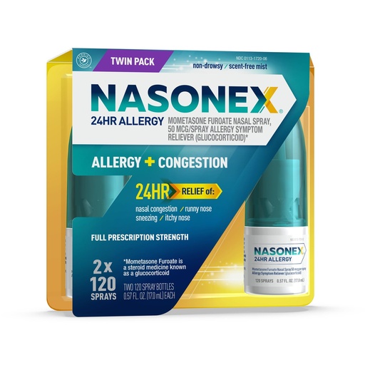 [BRSRMAI7BN4GGGQ3] Nasonex 24HR Allergy Nasal Spray, Non-Drowsy, Scent-Free Mist, Allergy Symptoms + Nasal Congestion, Full Prescription Strength, 120 Sprays, 2 Pack