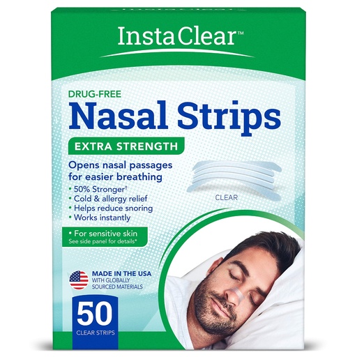 [BRSWGFTYA4MRMCYZ] Instaclear Extra-Strength Nasal Breathing Strips Clear 50 ct | Works Instantly, Nasal Congestion Relief, Stops Snoring, Cold & Allergy