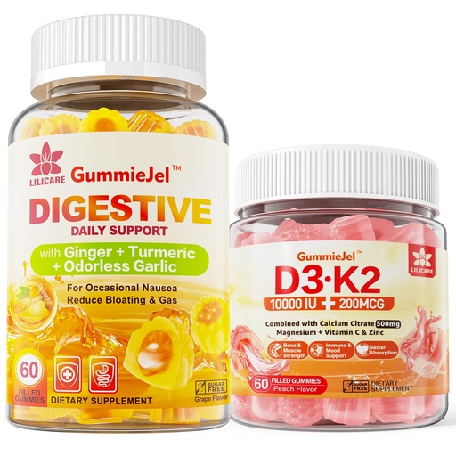 [BRSRAZA7AQBWAAA6] LILICARE Vitamin D3 K2 Filled Gummies 5000IU / 10,000 IU with 500mg Calcium, Magnesium Citrate, Vitamin C & Ginger Chews Supplement Gummies for Nausea, Stomach Relief