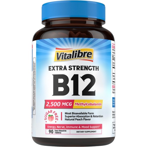 [BRSREGARCJ5W23T2] Vitalibre Vitamin B12 2500 mcg, Extra Strength Sublingual Methylcobalamin, Natural Peach Flavor, Nervous System, Energy Support, No Sugar, 90 Fast Dissolve Tablets