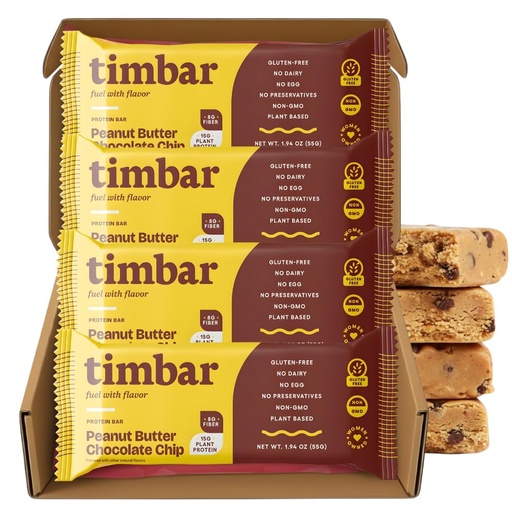 [BRSRGFT6OYOQKYLZ] timbar Plant-Based Protein Bars, Peanut Butter Chocolate Chip | 15g Plant Protein, 9g Prebiotic Fiber | Gluten & Dairy Free, Non-GMO, No Sugar Alcohols (Pack of 4)