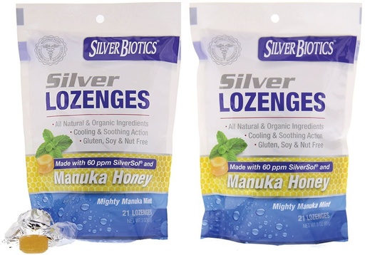 [BRSWGEABO4DQ2DTF] American Biotech Labs Silver Biotics Silver Lozenges w/60ppm SilverSol and Manuka Honey, Mighty Manuka Mint (21 Count) (2 Pack)