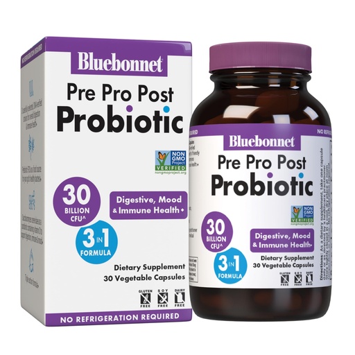 [BRSREYAOAAHWKADG] BlueBonnet Nutrition Pre Pro Post Probiotic 30 Billion CFU^ Shelf Stable – for Women & Men Digestion, Gut, Mood, Immune* - Free of Dairy, Gluten & Soy - Non-GMO - 30 Vegetable Capsules, 30 Servings