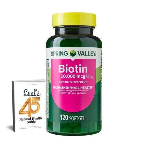 [BRSRGFQHAF4AGEL7] Spring Valley Biotin 10000mcg 120 Count, Dietary Supplement for Hair Skin Nails, Hair Vitamins for Hair Loss for Women Bundle with Luall’s 45 Health Guide (10,000 mcg 120 Count)