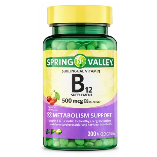 [BRSRGZQHAAGW2FDA] KP+ Spring Valley Vitamin B12 | B12 500 mcg Vitamin Supplement | Metabolism Support | Natural Cherry Flavor | 200 Microlozenges | Pack of 1