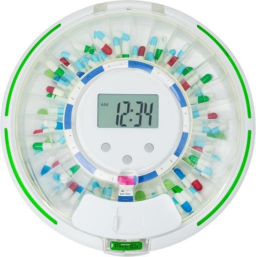 [BRSROFT5BF6RGGYU] Automatic Pill Dispenser for Elderly with Alarm, Lock 28-Day Medication Dispenser, 6 Dosage Templates, Sound & Light Alerts & Key for Vitamins, Supplements (Clear Lid)