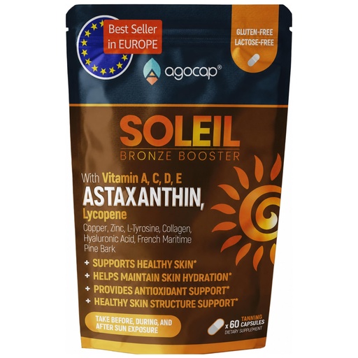 [BRSRMYY7AAIA2E3H] SOLEIL, Tanning Pills for Natural Glow. Self tanner with Astaxanthin, Lycopene, Collagen & Beta Carotene, Vitamins A, C, D, E, Hyaluronic Acid & Pine Bark. Tanning supplement Skin Hydration. 60 Caps