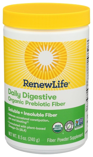 [BRSWYZYLOYORMEY2] Renew Life Daily Digestive Organic Prebiotic Fiber Powder, Daily Supplement Supports Digestive and Immune Health, Soluble and Insoluble Fiber, Dairy and Soy Free, 8.5 oz.