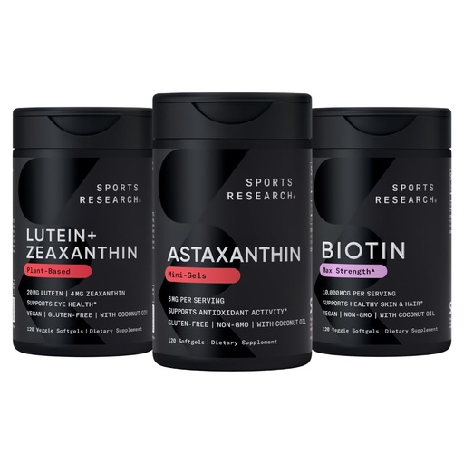 [BRSRAYY7CQHRY235] Sports Research Biotin (B7) 10,000mcg + Lutein + Zeaxanthin (20mg) + Astaxanthin Supplement from Algae (6mg) - All Vegan | 120 Softgels Each | All Made with Coconut Oil for Better Absorption