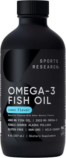 [BRSRAGAYCV7A4CY6] Sports Research® Omega-3 Fish Oil 4685mg - Sourced from Wild Caught Alaska Pollock - Natural Lemon Flavor, MSC Certified Sustainable - 8oz (48 Servings)