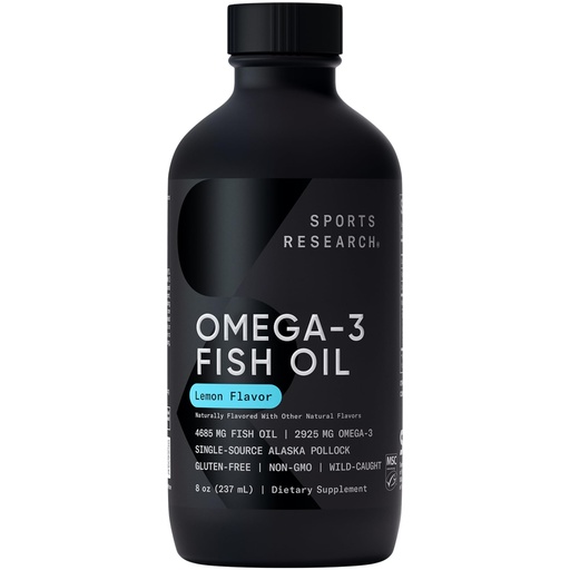 [BRSRAGAYCV7A4CY6] Sports Research® Omega-3 Fish Oil, 8oz Glass Bottle - 4685mg of Wild Caught Alaska Pollock Fish Oil per Serving - Easy-to-Take Liquid · Lemon Flavor · Non-GMO · MSC Certified Sustainable - 48 Servings