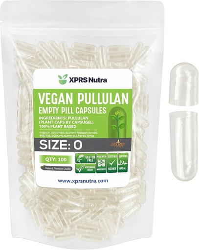 [BRSW2AIEOYHQIAI4] XPRS Nutra Size 0 Pullulan Empty Capsules - 100 Count Clean Label Plantcaps Clear Empty Vegan Capsules - Premium Vegetarian Pills - Do-It-Yourself Vegetable Capsule Filling