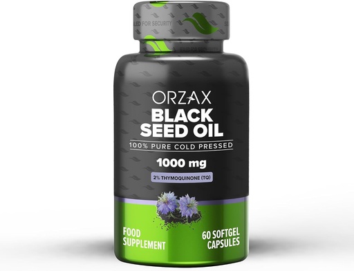 [BRSROHAQOIAQ23AU] ORZAX 1000 mg Black Seed Oil Organic Cold Pressed Capsules with 20mg Thymoquinone for Immune Support, Good Hair, Skin, and Joints (60 Soft Gel Capsules)