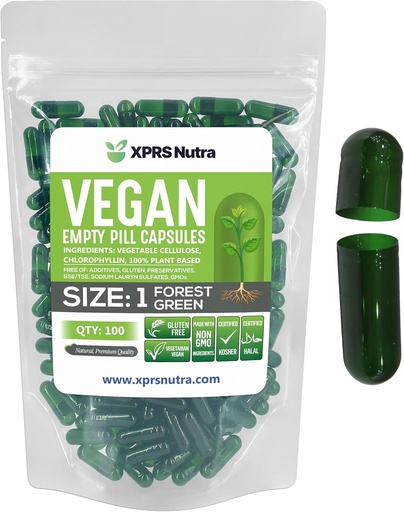 [BRSRMYIHBENGCC3A] XPRS Nutra Size 1 Empty Capsules - 100 Count Empty Vegan Capsules - Vegetarian Pills - DIY Vegetable Capsule Filling- Veggie Pill Caps for Do-It-Yourself Supplements (Forest Green)