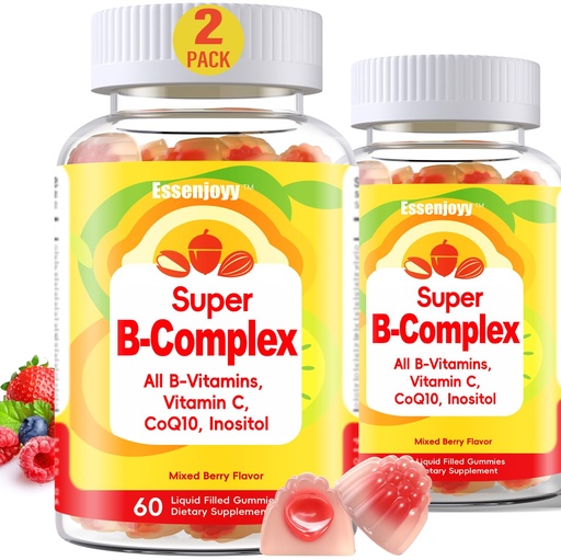 [BRSREBT2O4OQ4DT4] Liquid-Filled B Complex Gummies for Daily Routine, Juicy Berry Flavor, Complete B Vitamins with Vitamin C, CoQ10 & Inositol, Easy to Enjoy, 60 Gummies x 2 (120 Total)