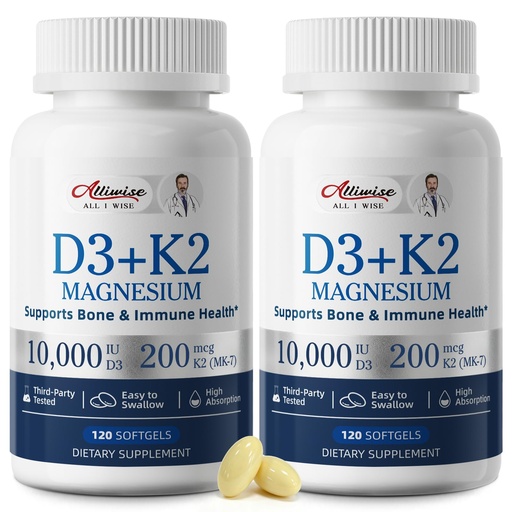 [BRSRGBQFBAMB42D2] Alliwise D3 K2 Vitamin 10000 IU with Magnesium Complex Softgels, 240 Count | D3 K2 Magnesium Complex + 200mcg K2 MK-7 - High Potency Supports Calcium, Immune & Sleep Health,Gluten-Free