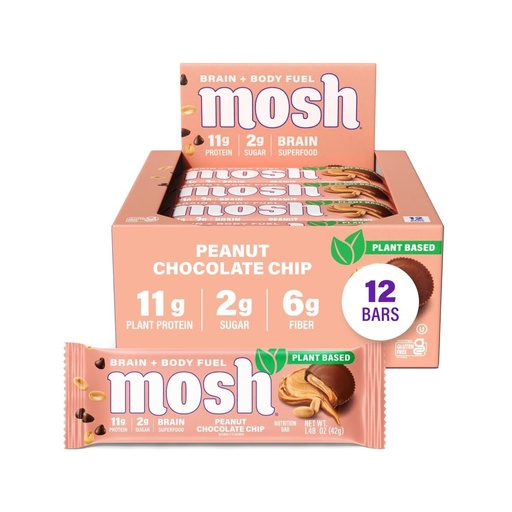 [BRSREEIDOYPQAGTL] MOSH Peanut Chocolate Chip Vegan Protein Bars, Plant Based, Keto, Gluten Free, Brain Healthy Snack with Cognizin, Ashwagandha and Lion's Mane, 12 Count