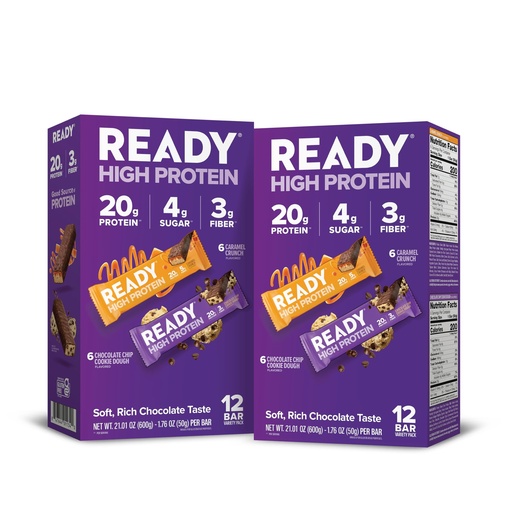 [BRSRGBIHOQHQAAI6] Ready® High Protein 20g Bar - Chocolate Chip Cookie Dough & Caramel Crunch Variety Pack | Low Sugar | No Artificial Sweeteners | No Sucralose | Twin Pack | 24 Total Bars