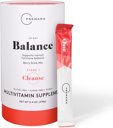 [BRSWGEIRDEPQK2DV] Premamama Hormone Balance, Supplément multivitamine, Support hormonal en poudre pour les femmes, sans sucre et sans gluten, Saveur de baies, 28 paquets de service unique