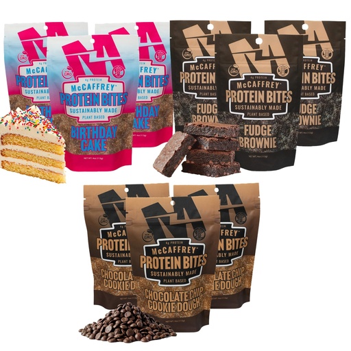 [BRSRGBI2OEPRUA34] McCaffrey Protein Bites – Variety Flavor Pack – Fudge Brownie, Chocolate Chip, Birthday Cake - 9 Multi-Serving 4oz Bags – 4g of Protein per Serving – Gluten-Free, Vegan, High Fiber Energy Snack