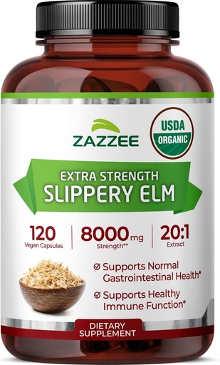 [BRSRA2QLAR5WCAA4] Zazzee USDA Organic Slippery Elm Bark 20:1 Extract, 8000 mg Strength, 120 Vegan Capsules, 4 Month Supply, Standardized, Concentrated 20X Extract, 100% Vegetarian, All-Natural, Non-GMO, Made in the USA