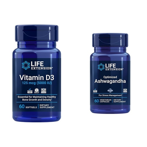 [BRSRAYIFBYPGAEY3] Life Extension Vitamin D3 5000 IU, Ashwagandha - Stress Relief, Focus, Memory, Mood Support - Non-GMO Supplement Bundle