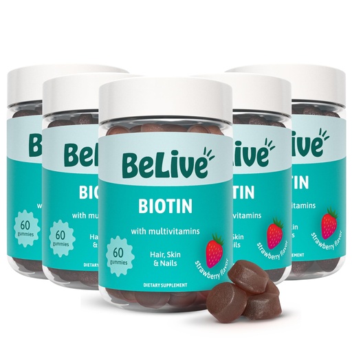[BRSW2FDQOEMWKFD3] BeLive Biotin Gummies - Skin, Nails & Hair Vitamins with A, C, D, E, B12, Zinc, Folate & Inositol, Biotin Supplement for Anti-Aging, Energy & Collagen Boost, Multivitamin Gummies - Strawberry | 5-Pack